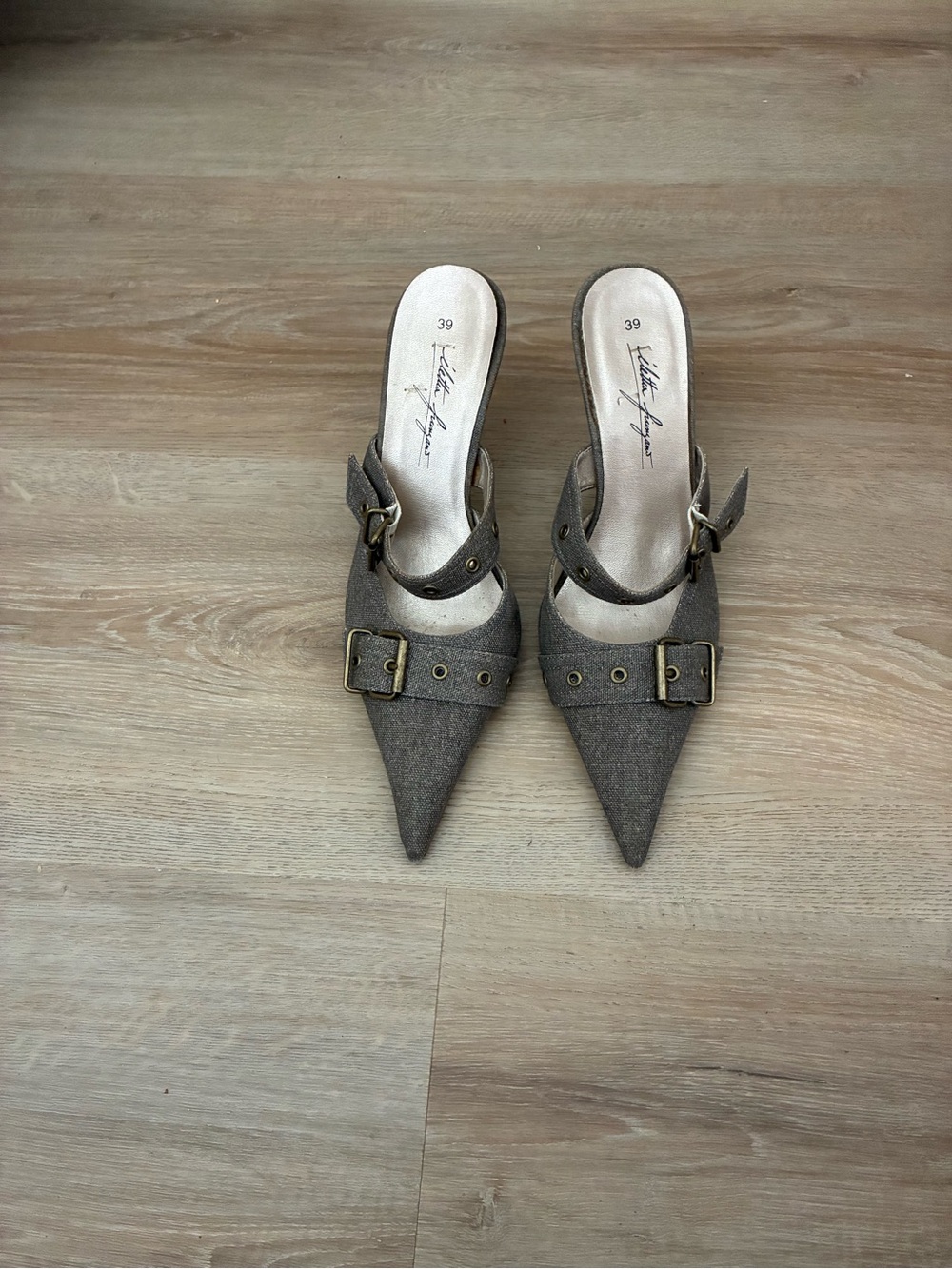 Pointed Toe Buckle Mules in Taupe - Women's Shoes